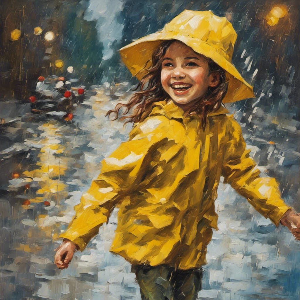 Girl in Yellow Raincoat, Neo-Impressionist Oil Painting