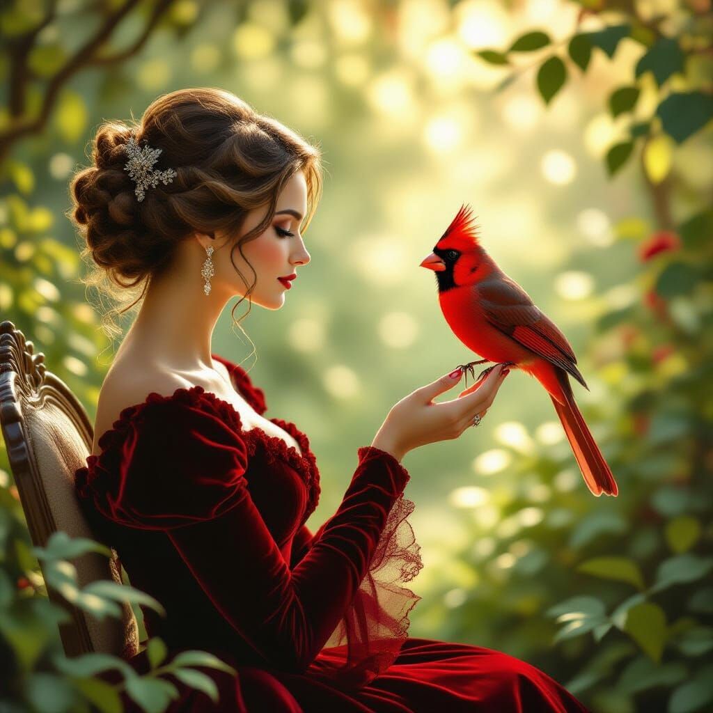 Regal Woman With Cardinal in Victorian Garden