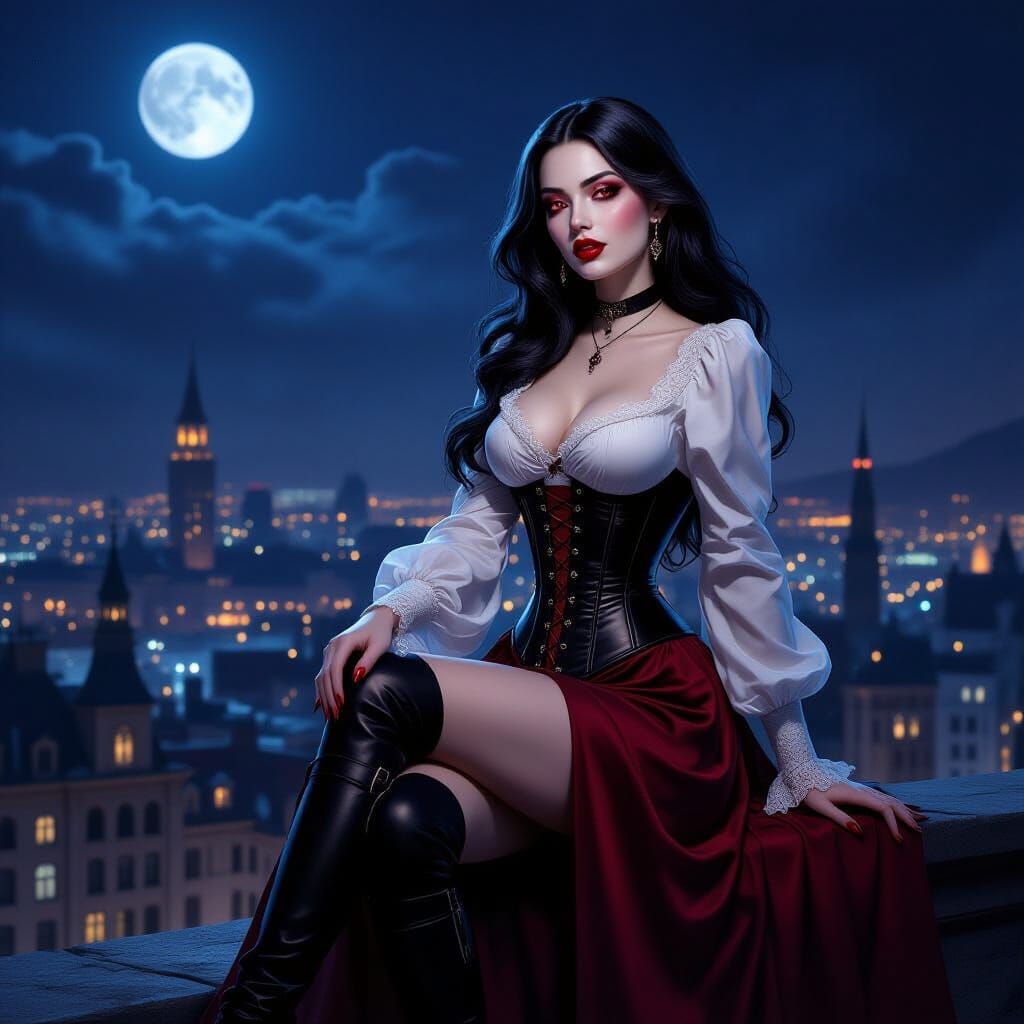 Female Vampire Overlooking City at Night