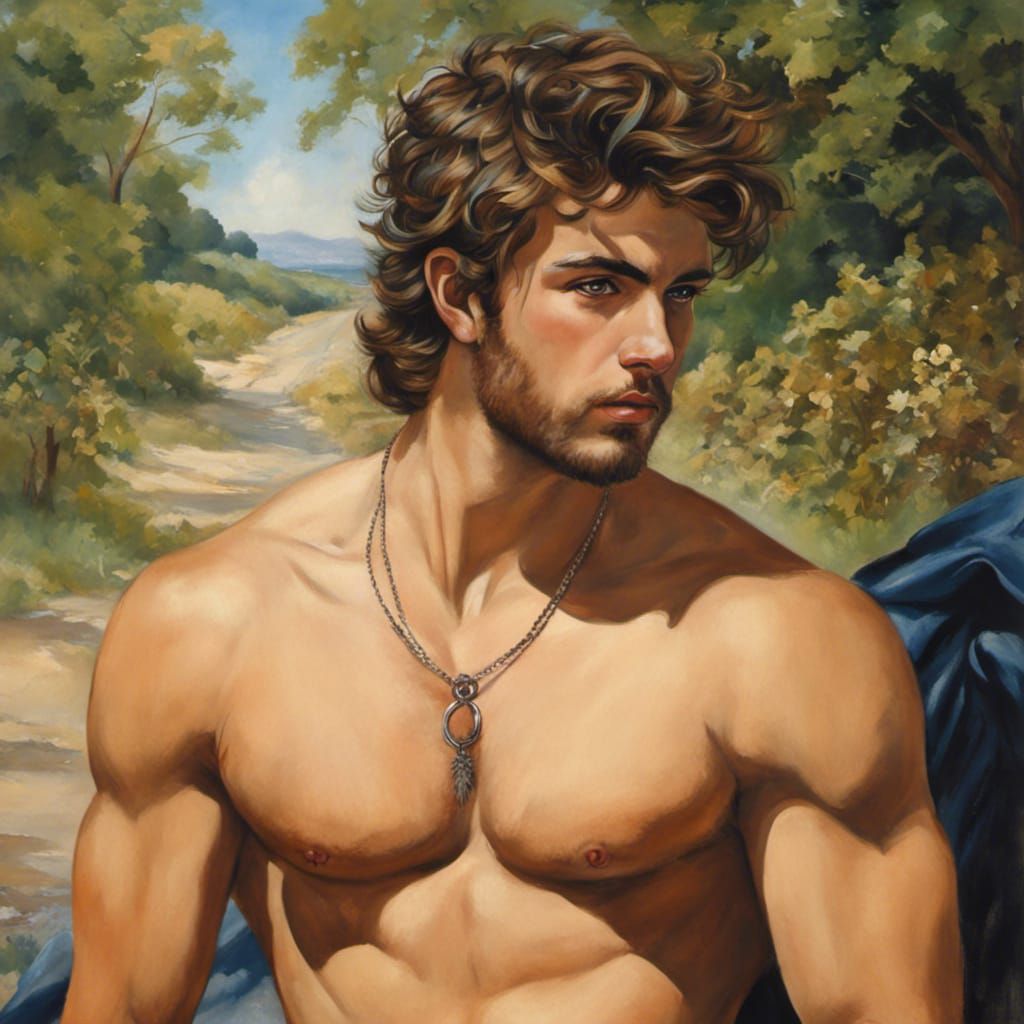 Painting of Handsome Young Man Outdoors