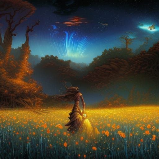 Enchanted Flower Meadow Under Starry Night