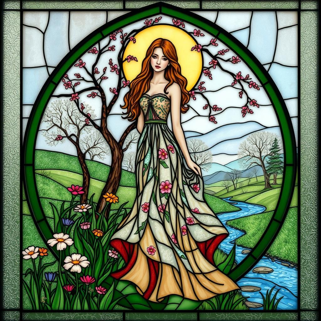 Woman in Stained Glass Spring Landscape