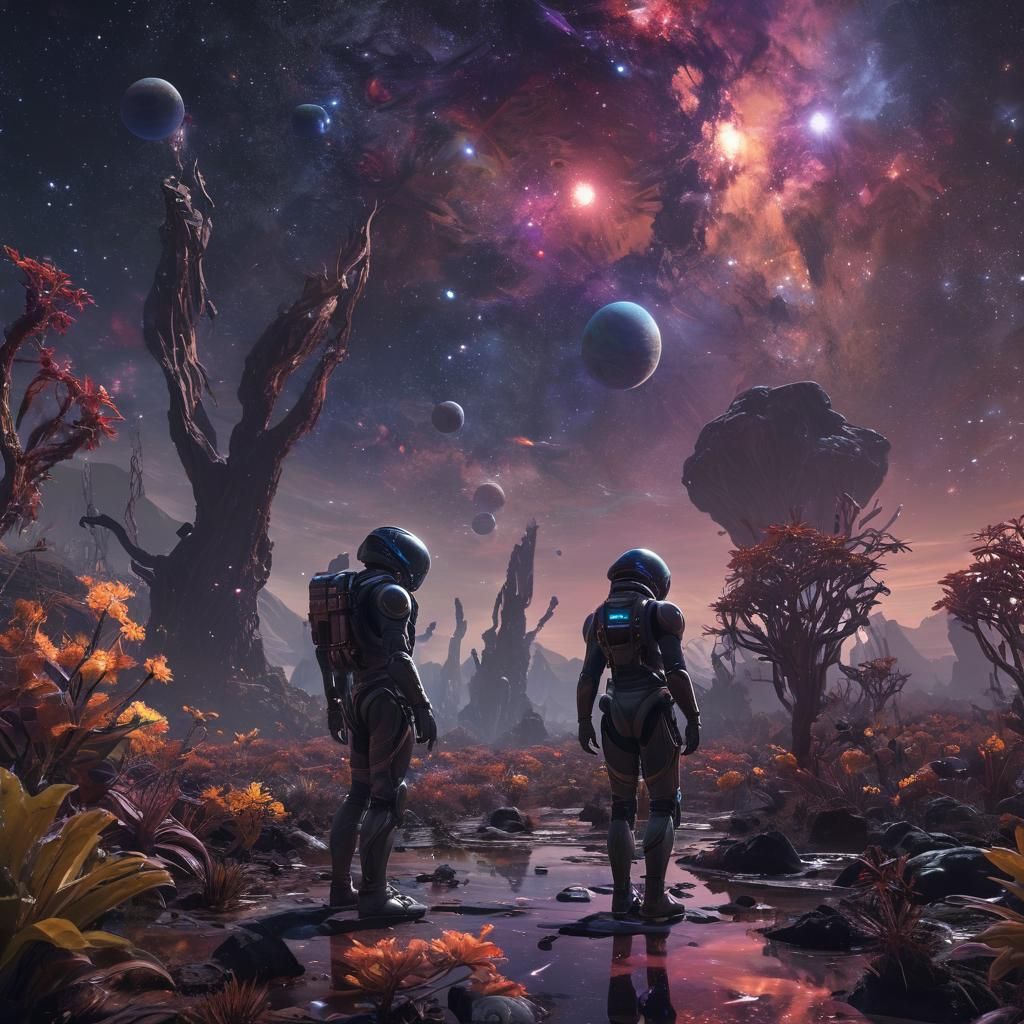 Explorer on Alien Planet with Bioluminescent Flora