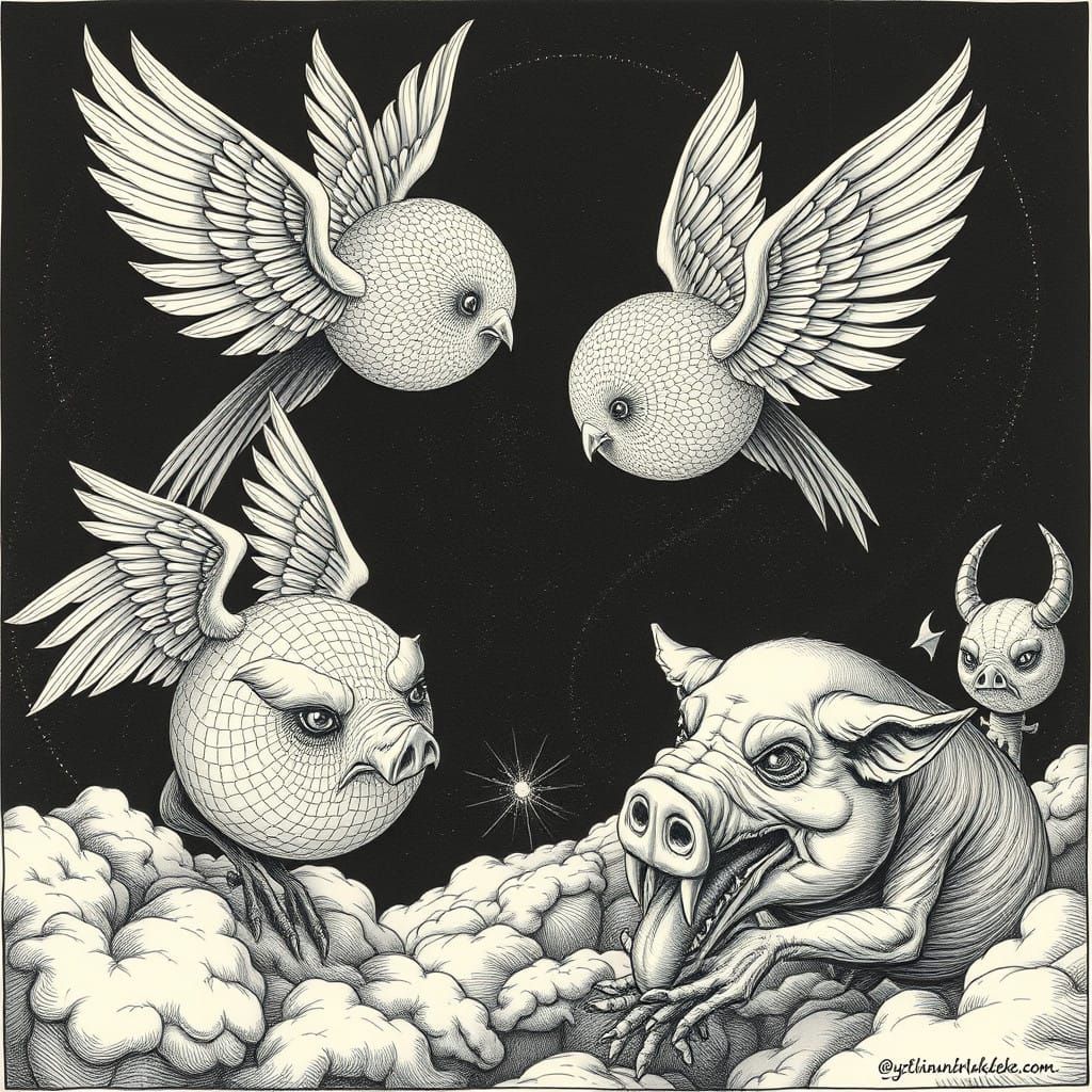 Angelic Aviary in Dark Fantasy Pen and Ink