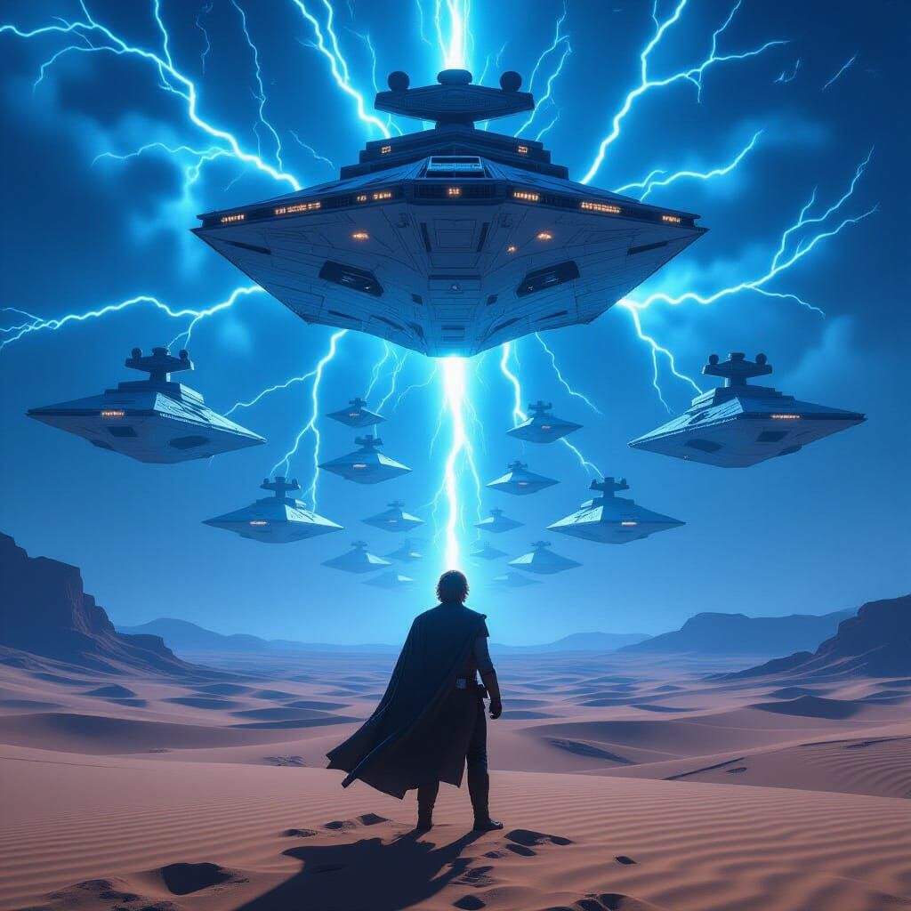 Luke Skywalker Faces Imperial Fleet Under Neon Lightning