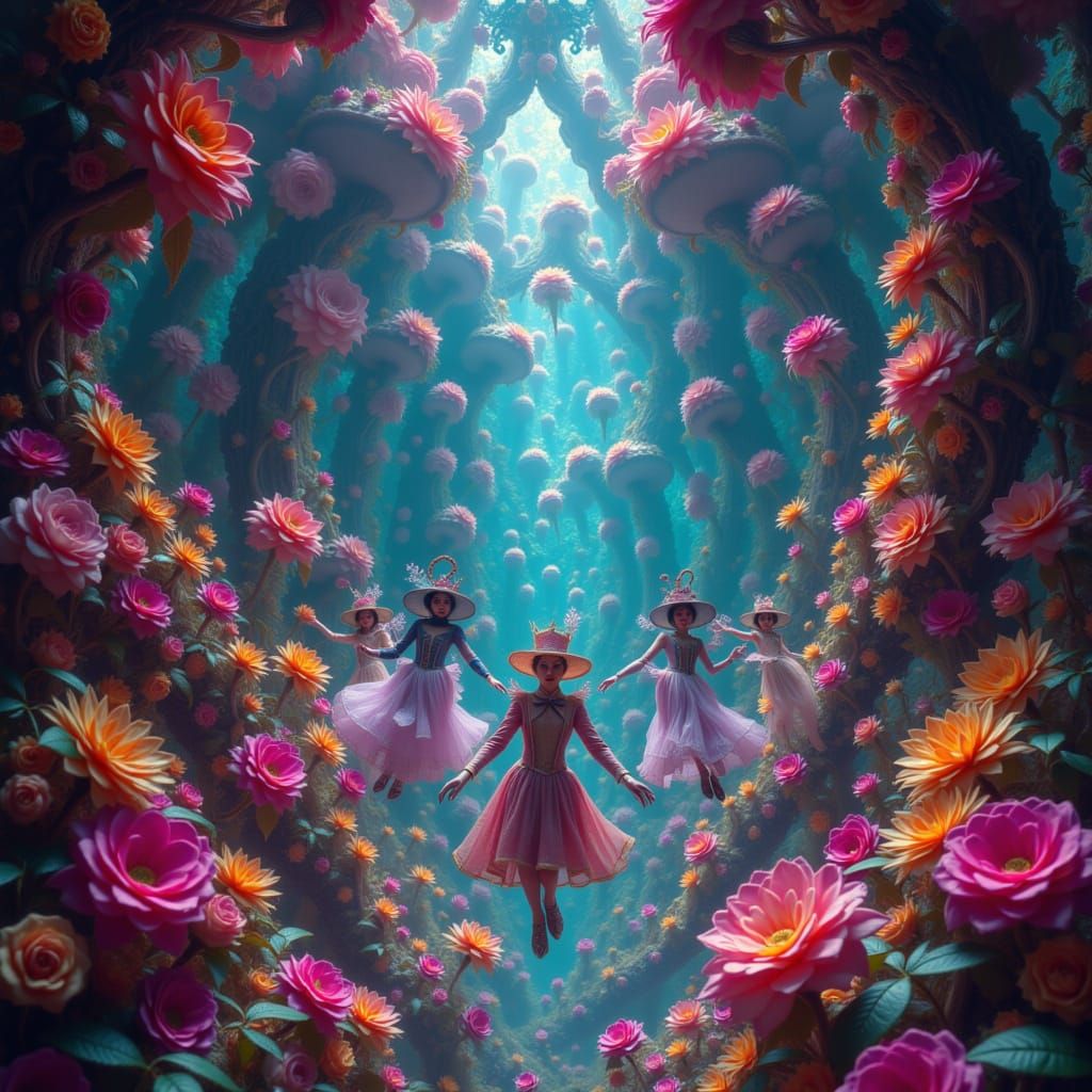 Enchanted Ballroom with Dancing Figures in Dreamlike Style