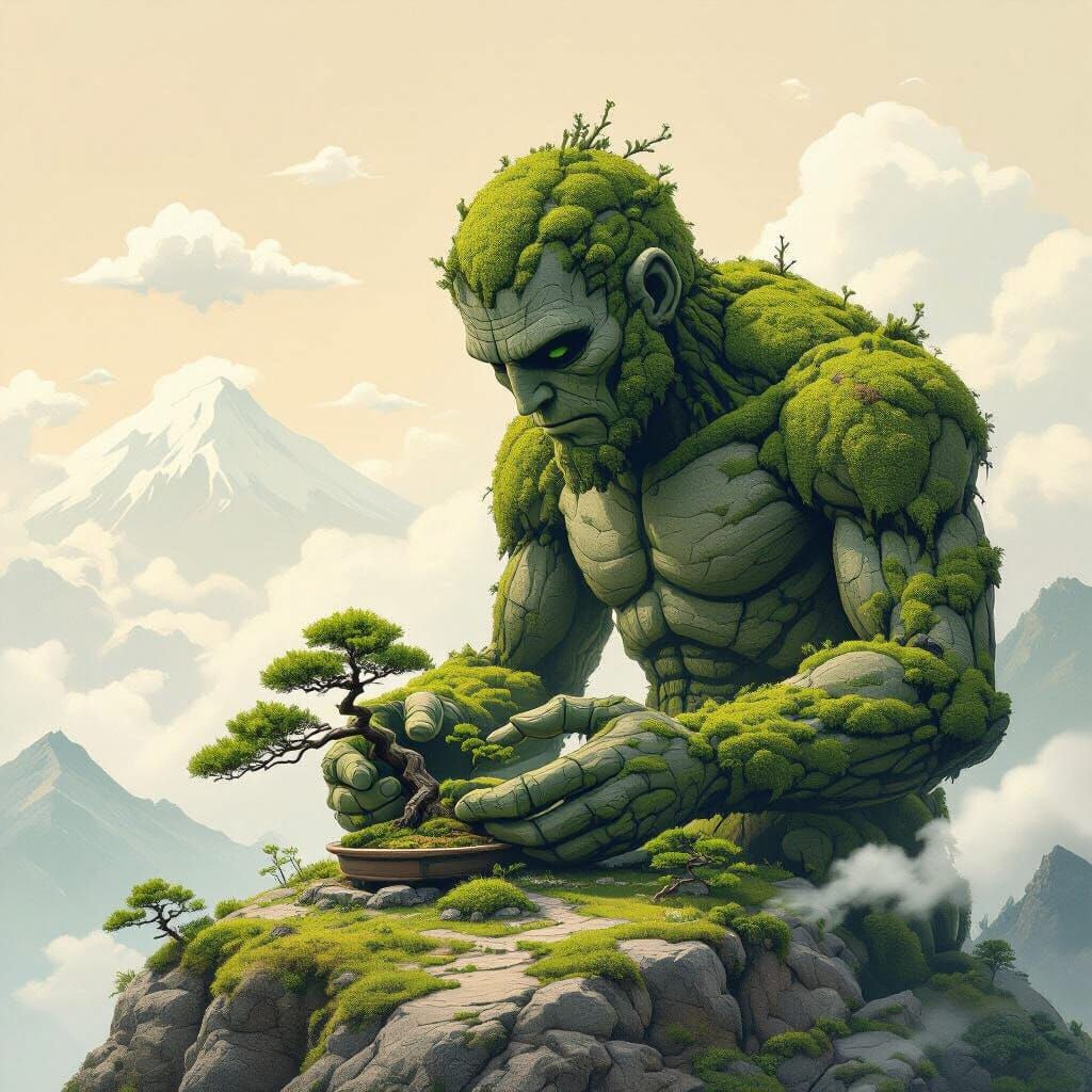 Moss Golem Tends Bonsai Garden on Mountaintop in Ukiyo-e Sty...