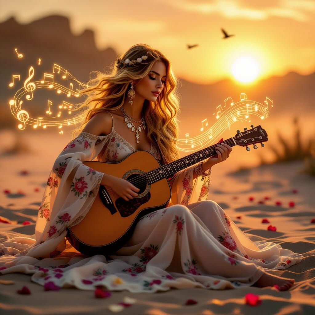 Ethereal Musician Conjures Music in Golden Mist