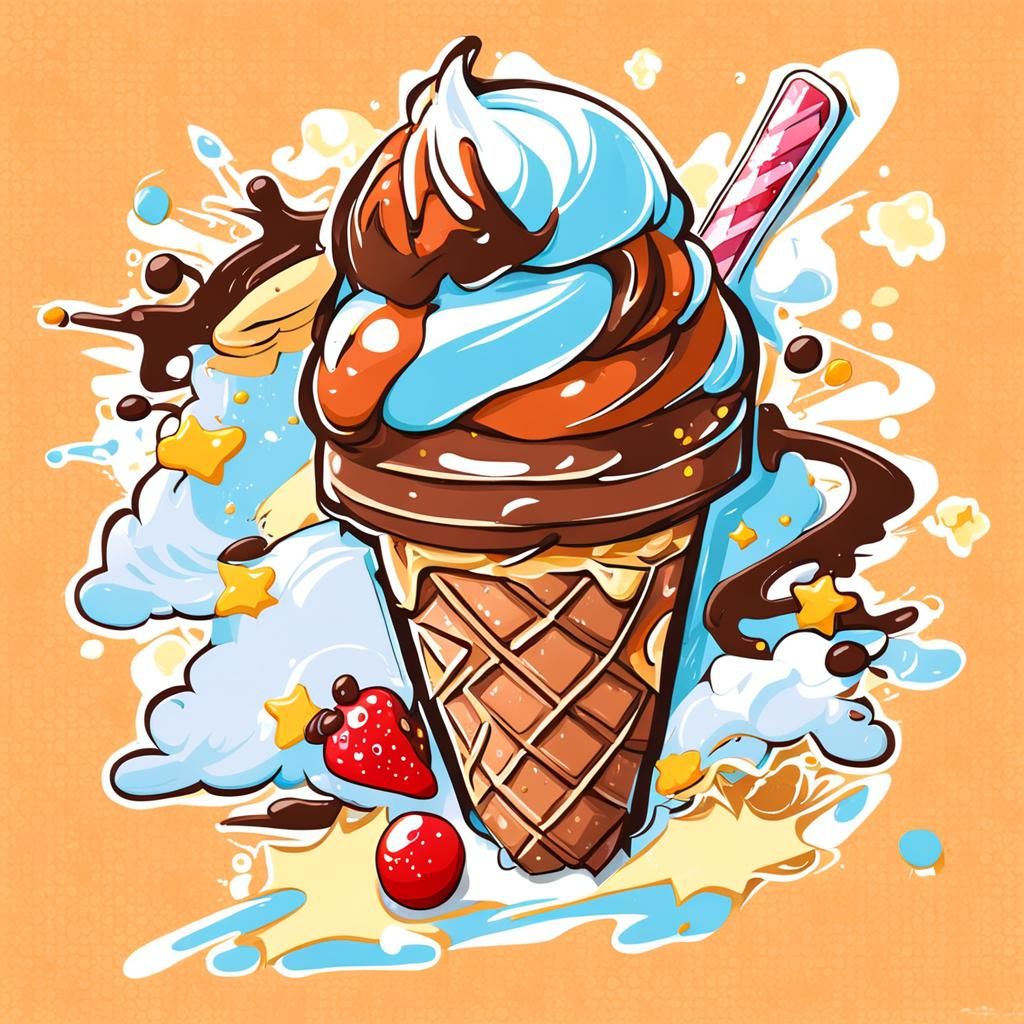 Chocolate Ice Cream Cone in Anime Style