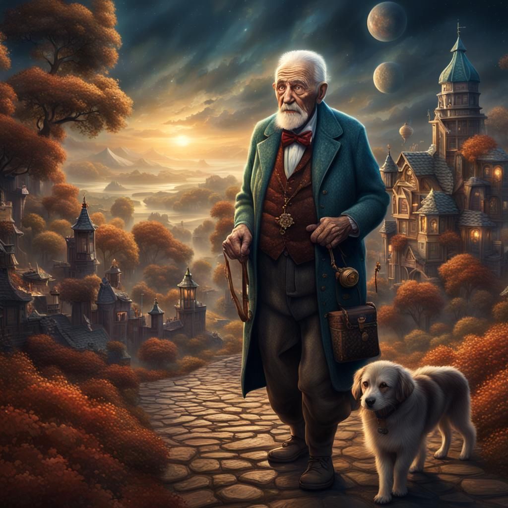 Old Man From Space Holding Grandchildren: Fantasy Art