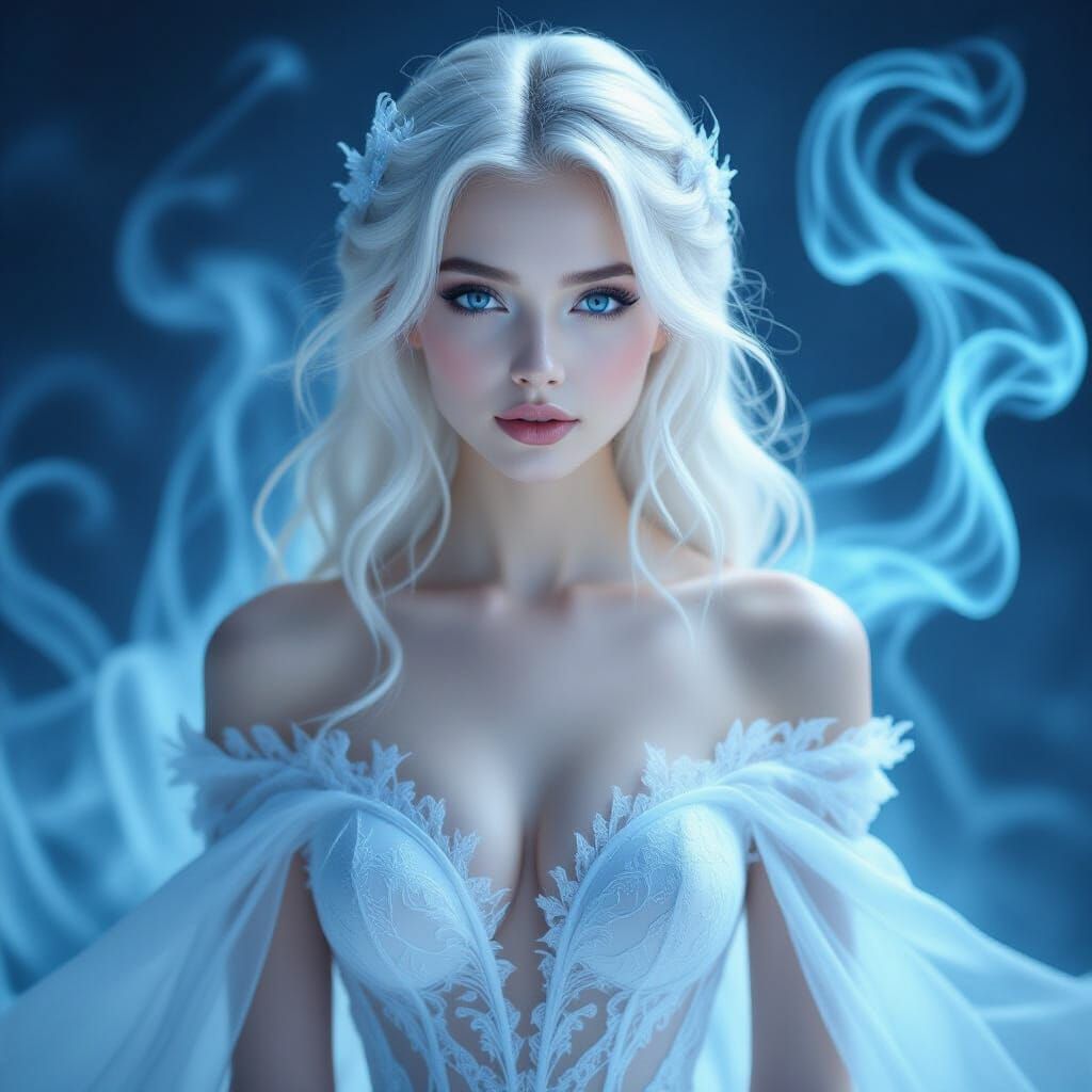 Ethereal Ice Spirit Woman in Swirling Mist