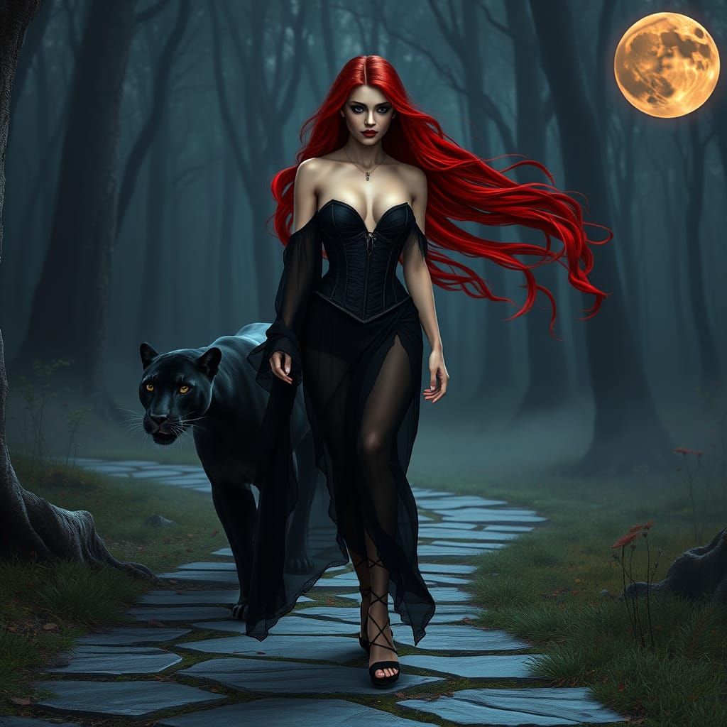 Goddess of the Night in Red and Black Elegance