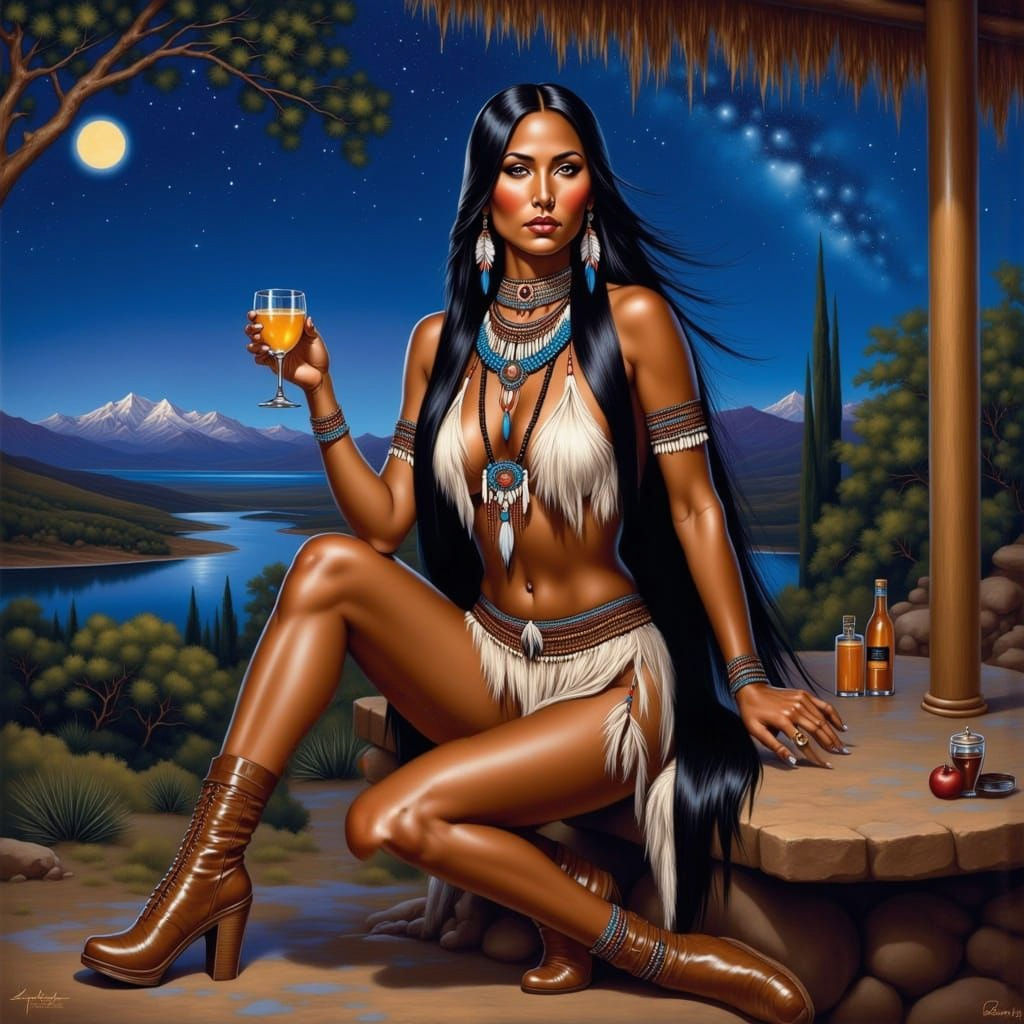 Native American Woman Enjoying Juice on Terrace Bar