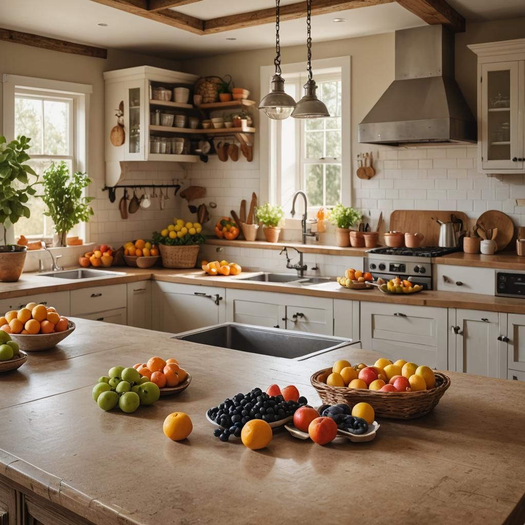 A kitchen in the farmhouse style with fruit on the countertop, warm light, shallow depth of field