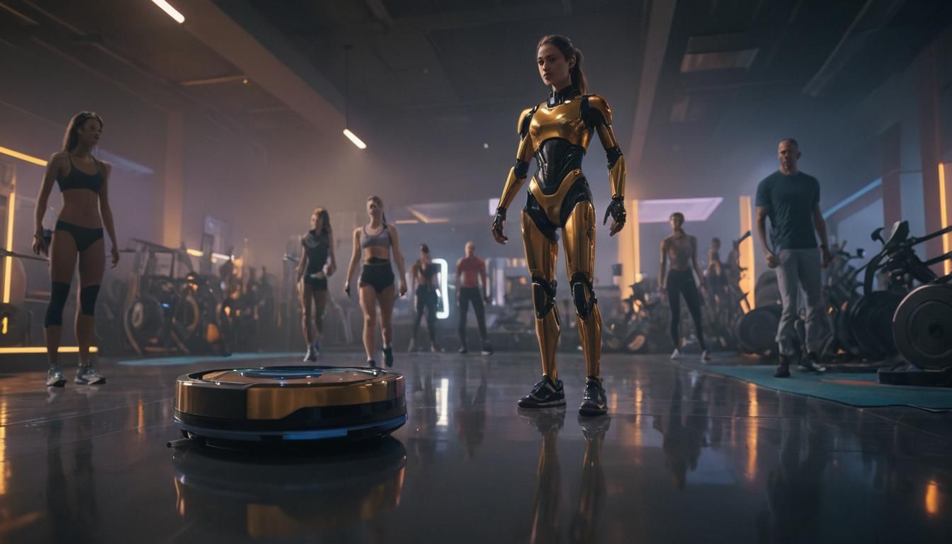 Robot Vacuum Fitness Trainer in Futuristic Gym