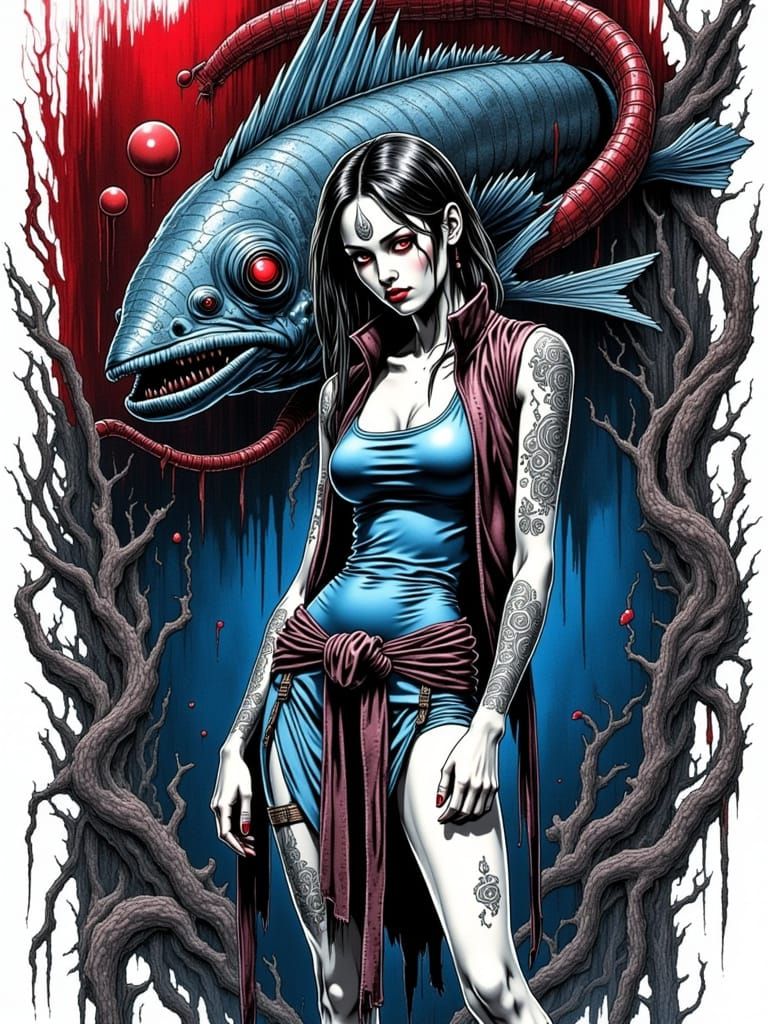 Pinup Woman Meets Giant Anglerfish in Ink Wash