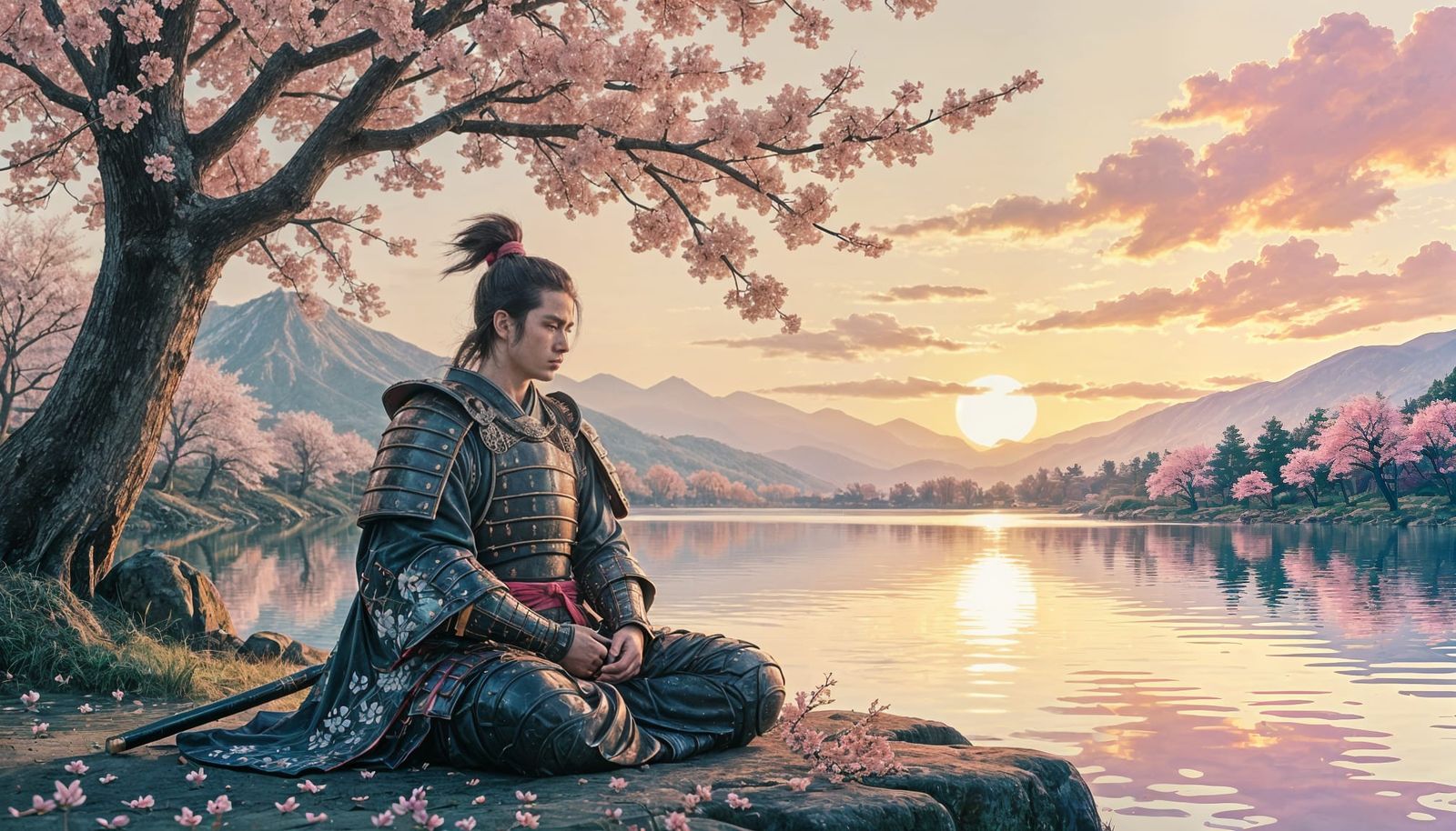 Samurai Meditating by Lake with Sakura Trees at Sunset