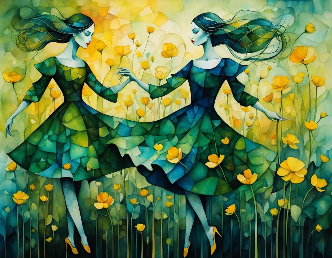 Surreal Dancing Buttercups in Alcohol Ink Style