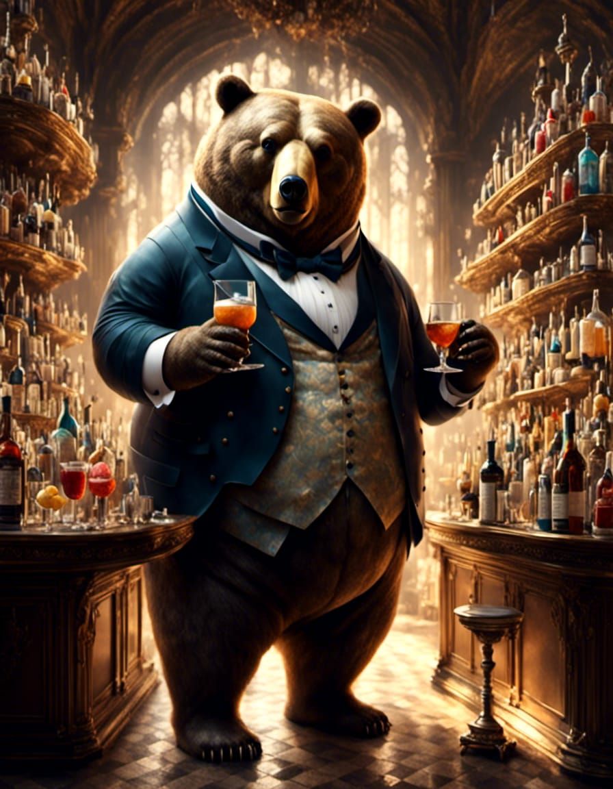 Obese Bear Butler Serving Drinks in Serene Style