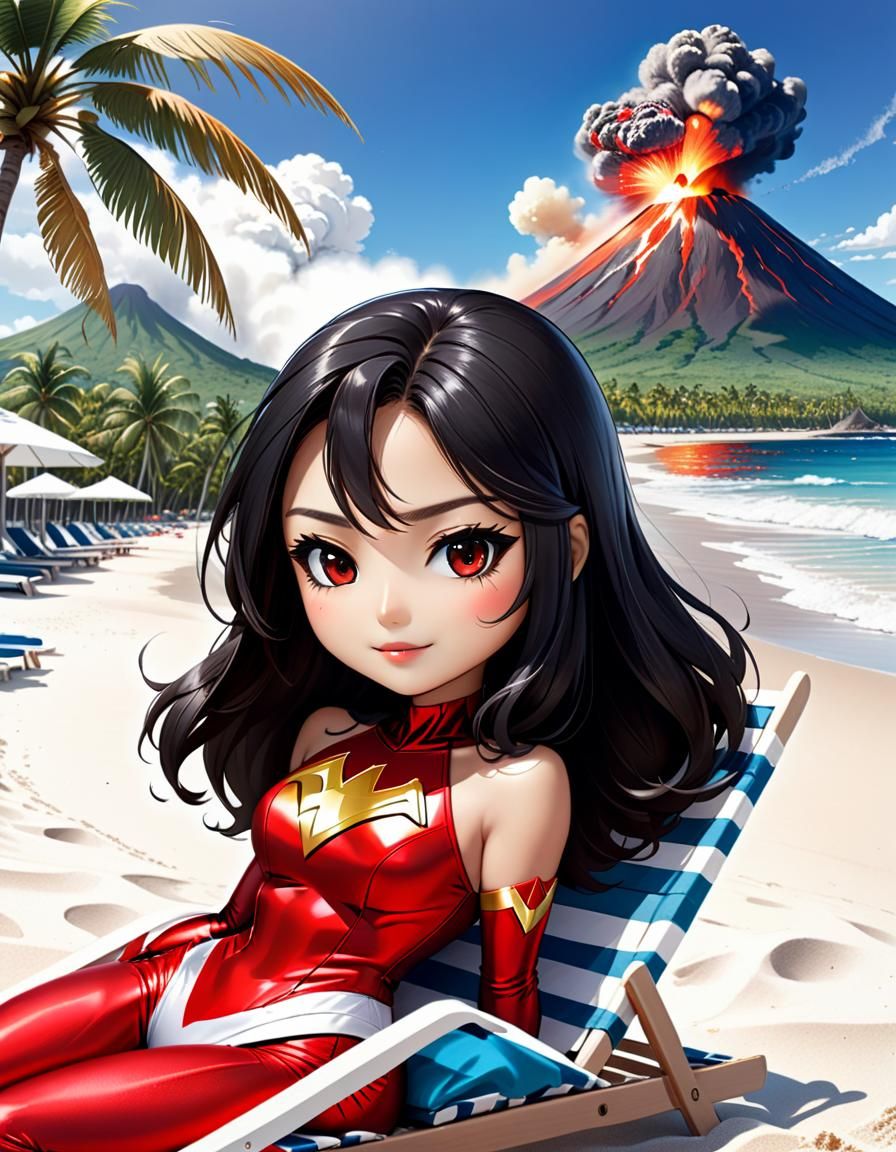 Chibi Superhero Girl on Tropical Beach