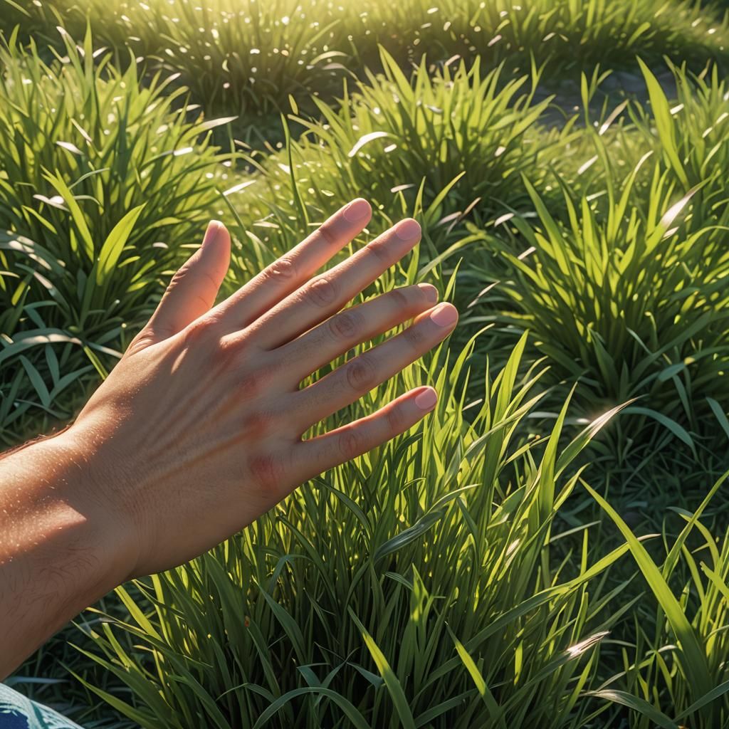 Hand Touching Grass in Sunlight: 3D Digital Art