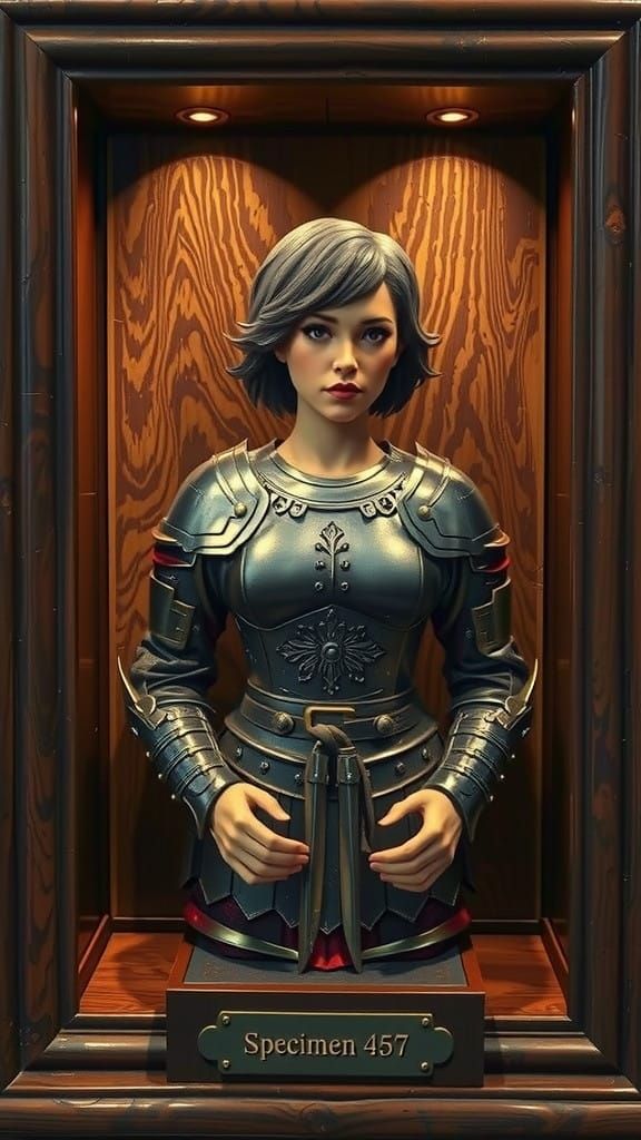 Vibrant Armor Figurine in Hyperrealistic Wooden Frame