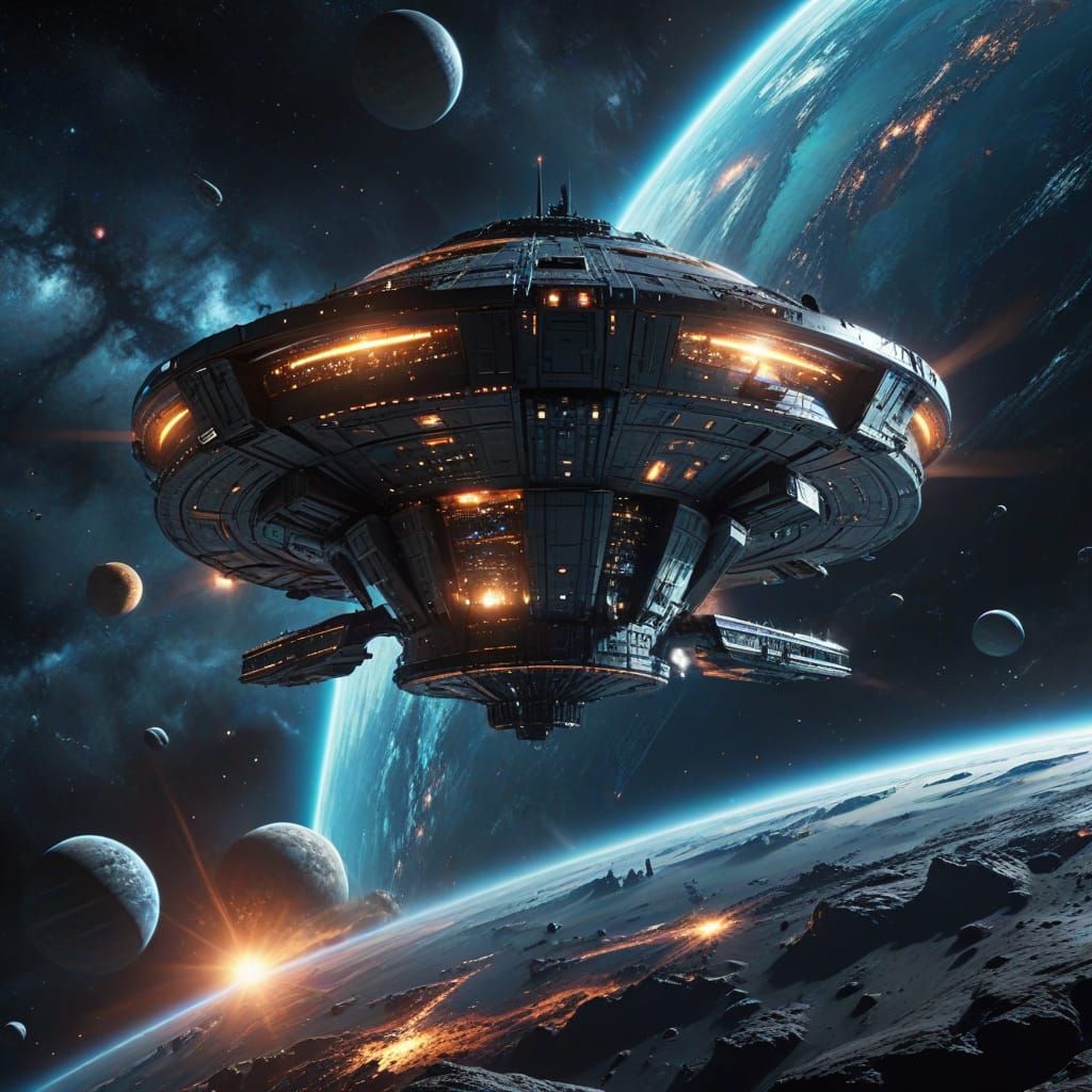 Futuristic Spaceship Exits Earth for Unknown Planet