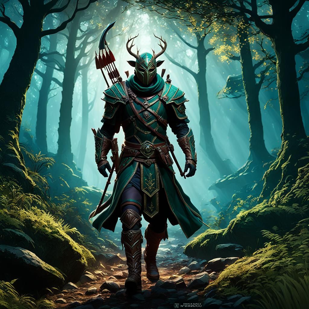 Masked Archer: Ancient Forest Protector in Dark Fantasy Art