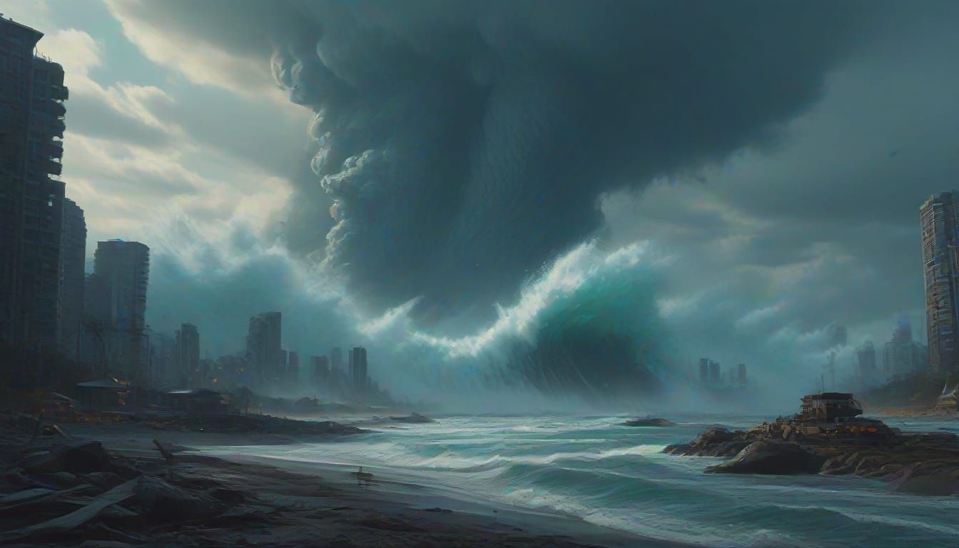 Cyberpunk Metropolis Menaced by a Turquoise Tsunami