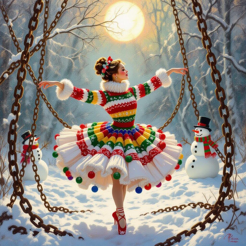 Ballerina in Festive Sweater Dances Under Frosty Sun