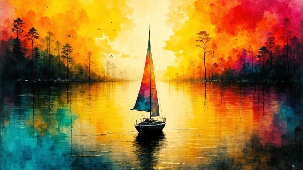 Abstract Sailing Boat on Calm Lake