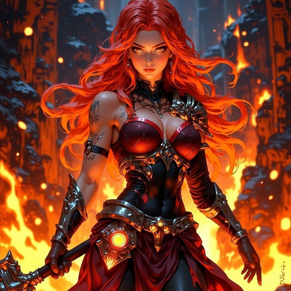 Anime Warrior in Magma Abyss with Fiery Hammer