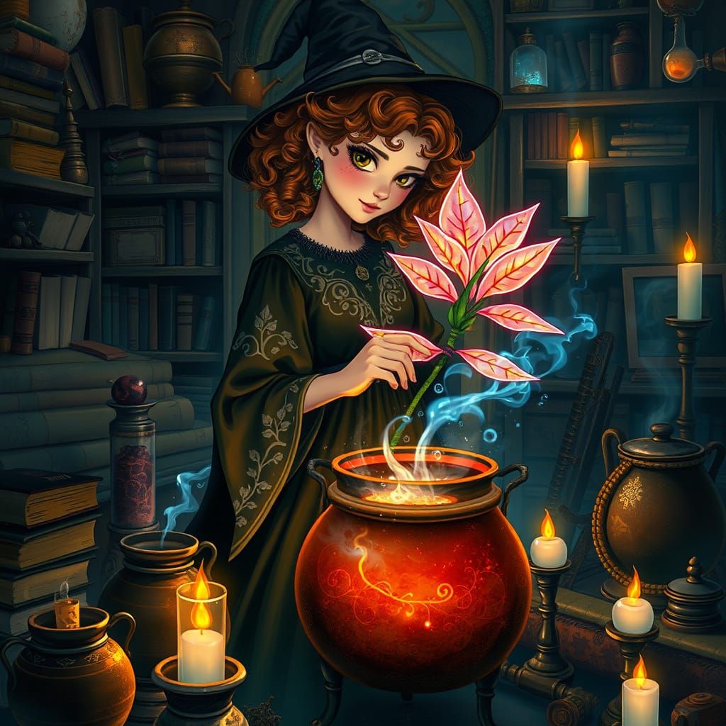 pretty young witch around a cauldron full of steaming sparkl...