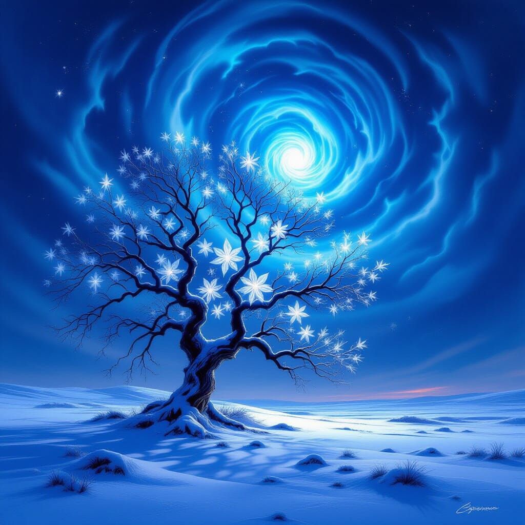 Ethereal Ice Tree in Frozen Fantasy Landscape