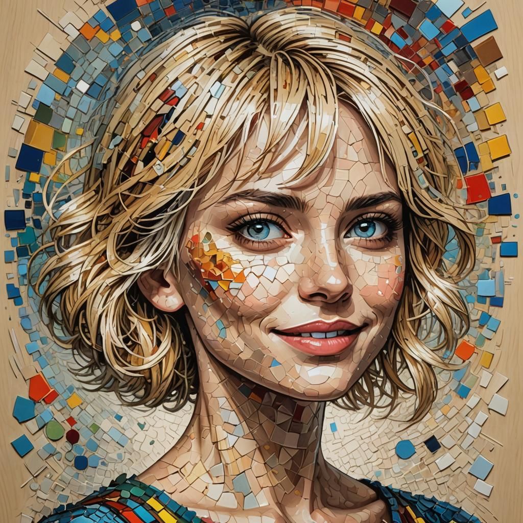 Comic Pointillism Portrait of Young Woman in Impasto Style