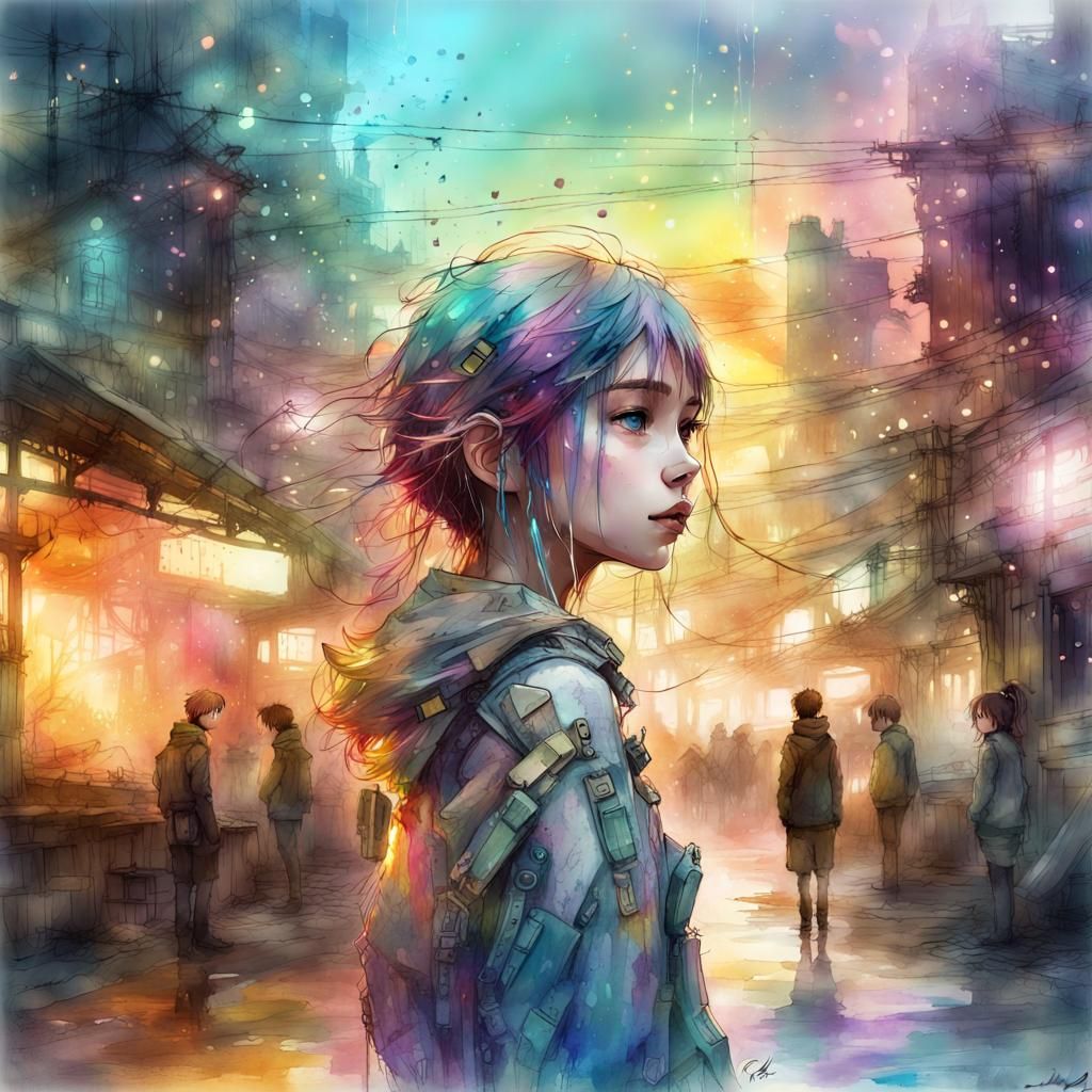 Cute Futuristic Android in Digital Watercolor Style