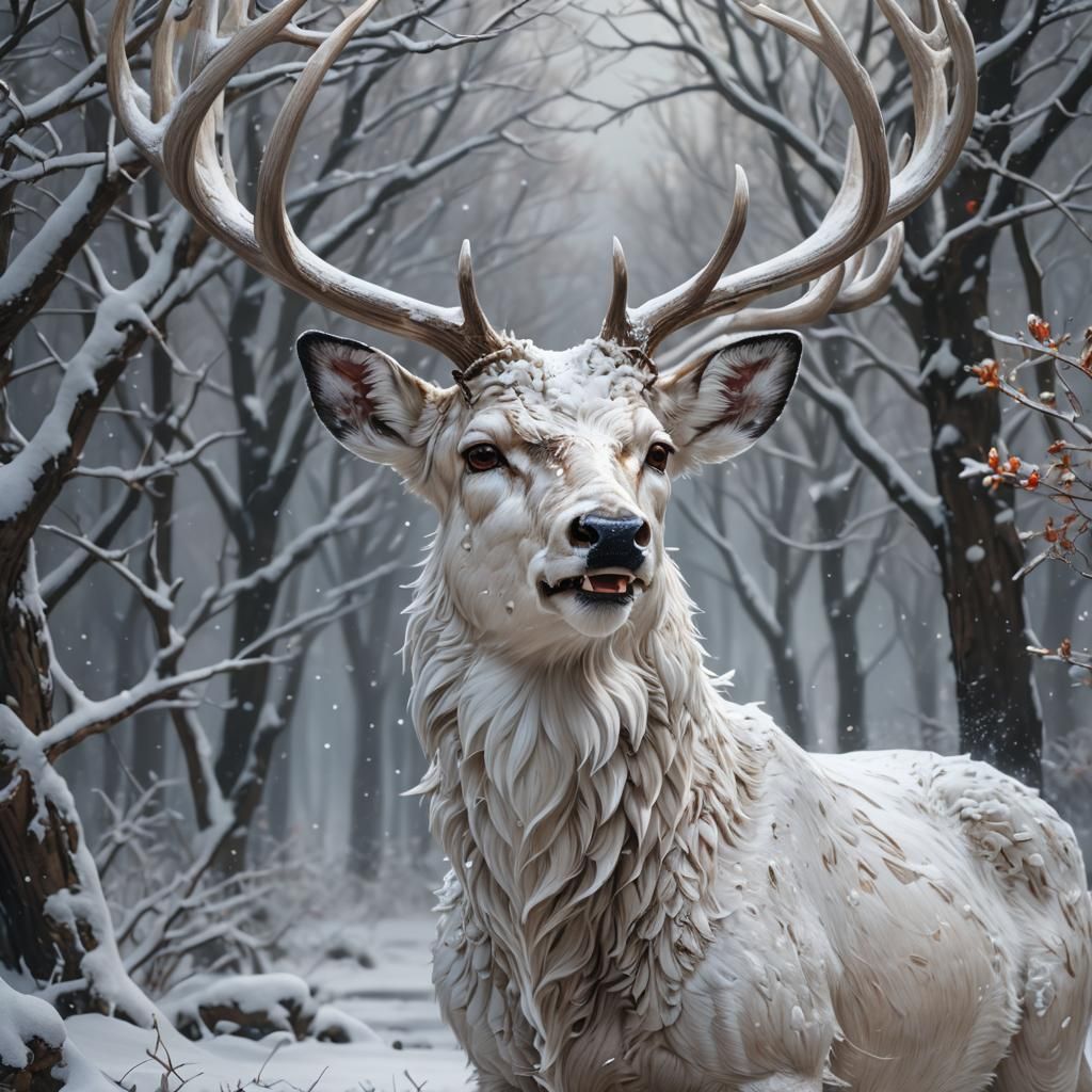 Fanged White Deer in Snow: Hyperdetailed Portrait