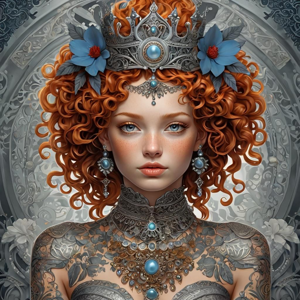 Ginger Woman with Crown and Zentangle Florals