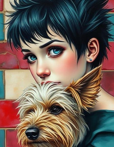 Rustic Portrait of Girl with Terrier in Watercolor Style