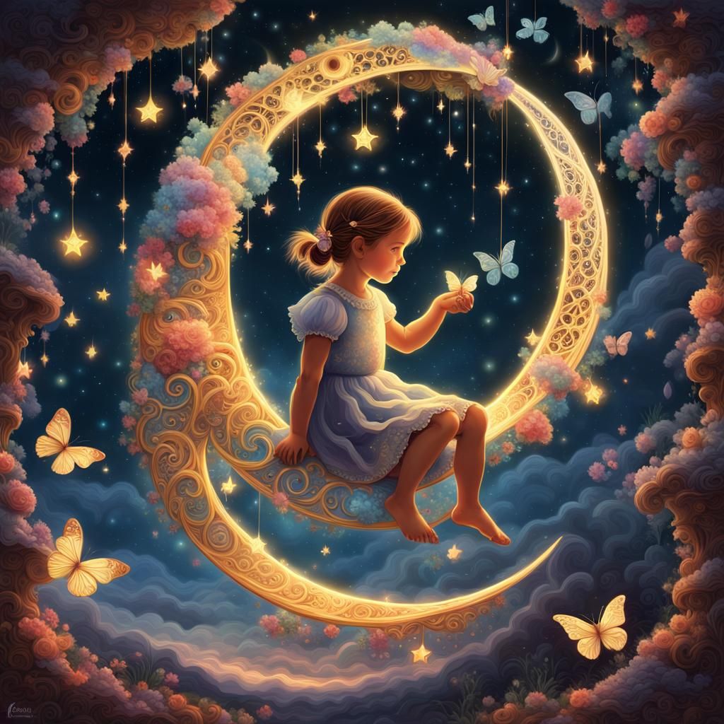 Little girl sitting in an glowing ornate crescent moon, catching stars in a butterfly net, bright, magical, detailed mat...