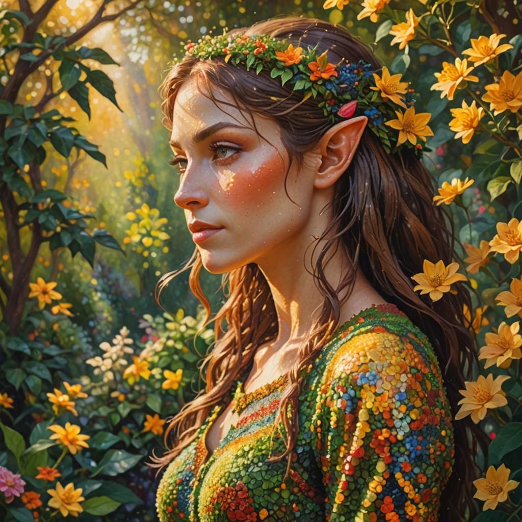 Wood Elf in Garden: Pointillism Style Portrait