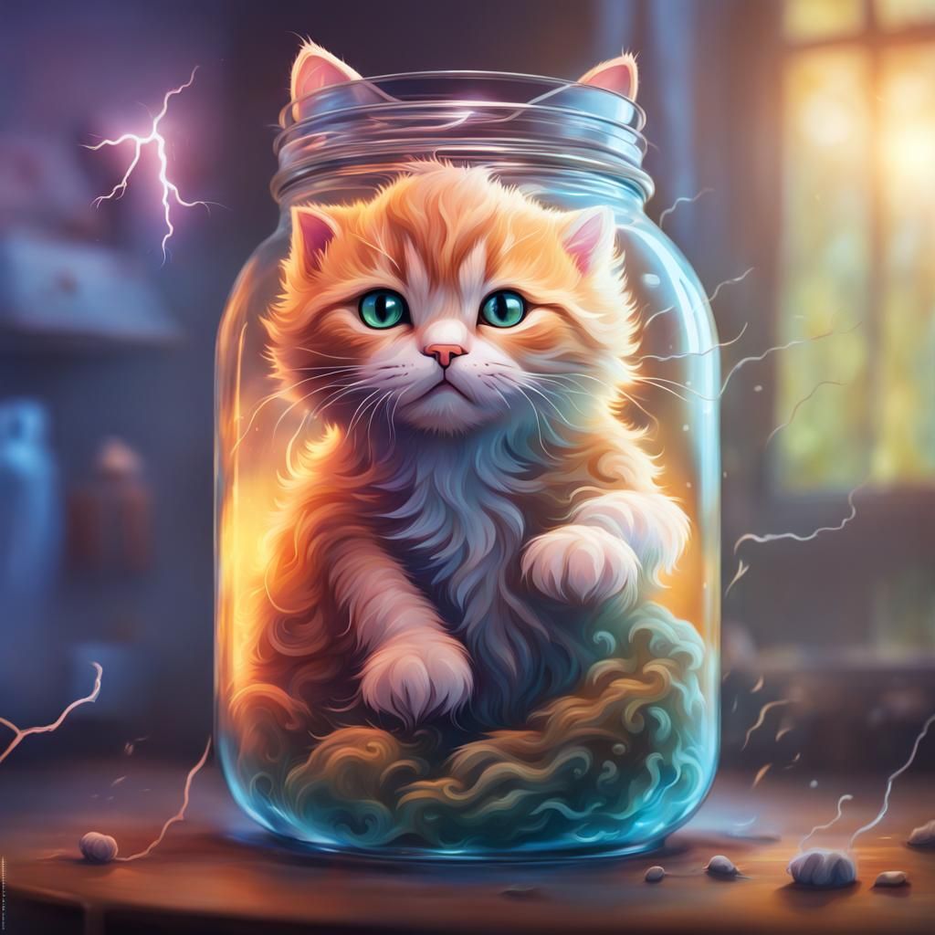 Lightning Kitten in a Jar: Hyperrealistic Concept Art