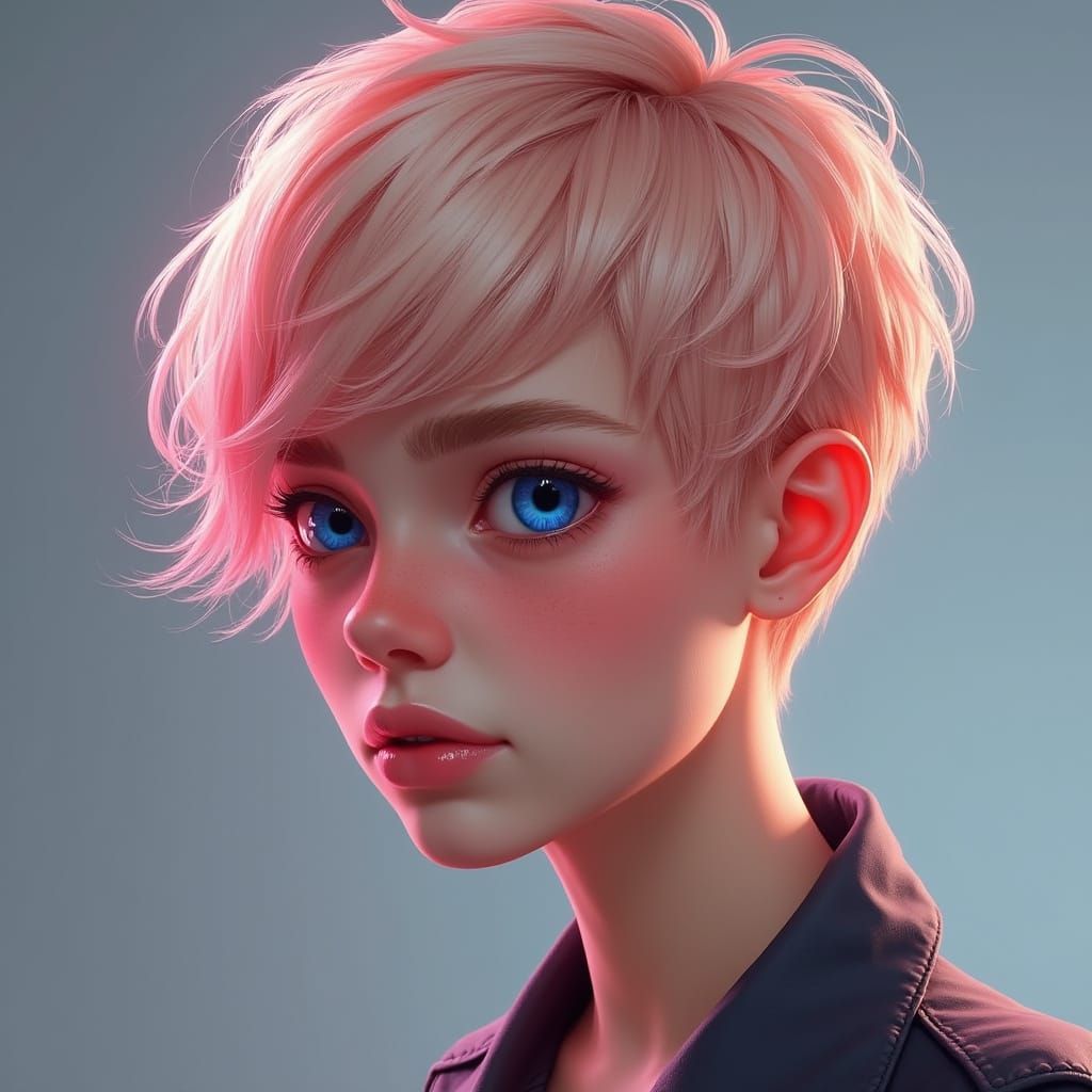 Young Woman with Pink Highlighted Pixie Cut and Blue Eyes