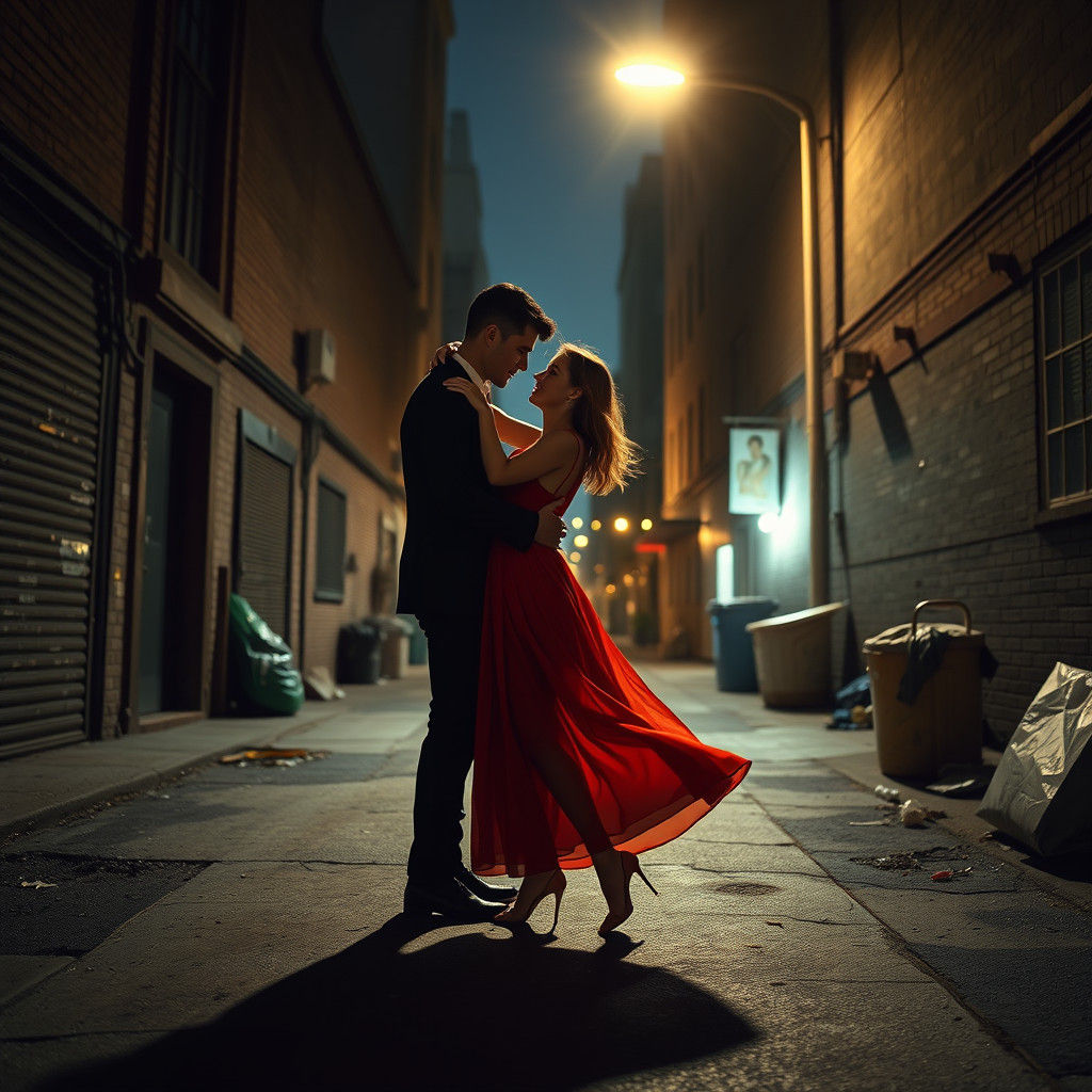 Romantic Dance in Urban Alleyway, Cinematic Style
