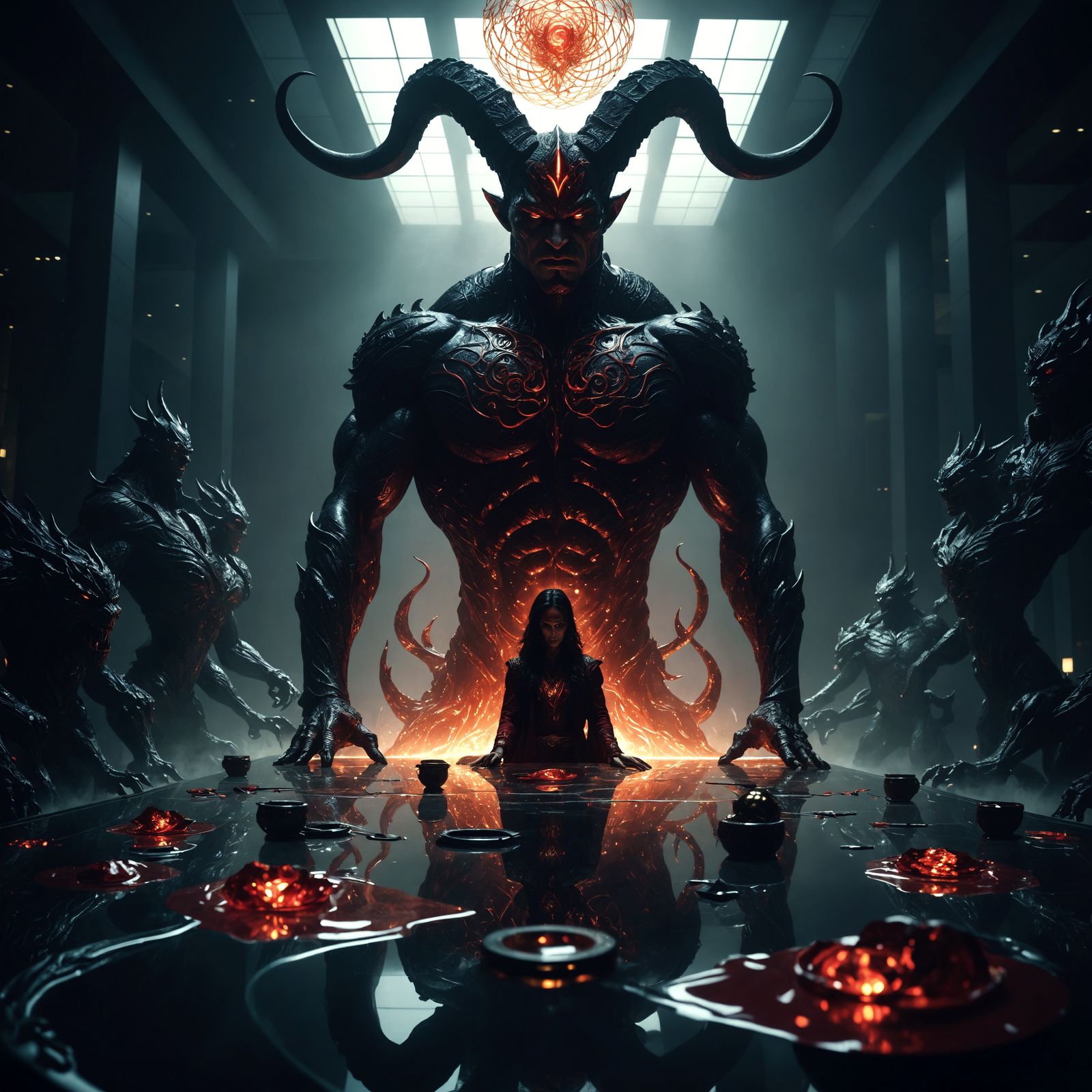 Ethereal Guardian in Dark Corporate Realm