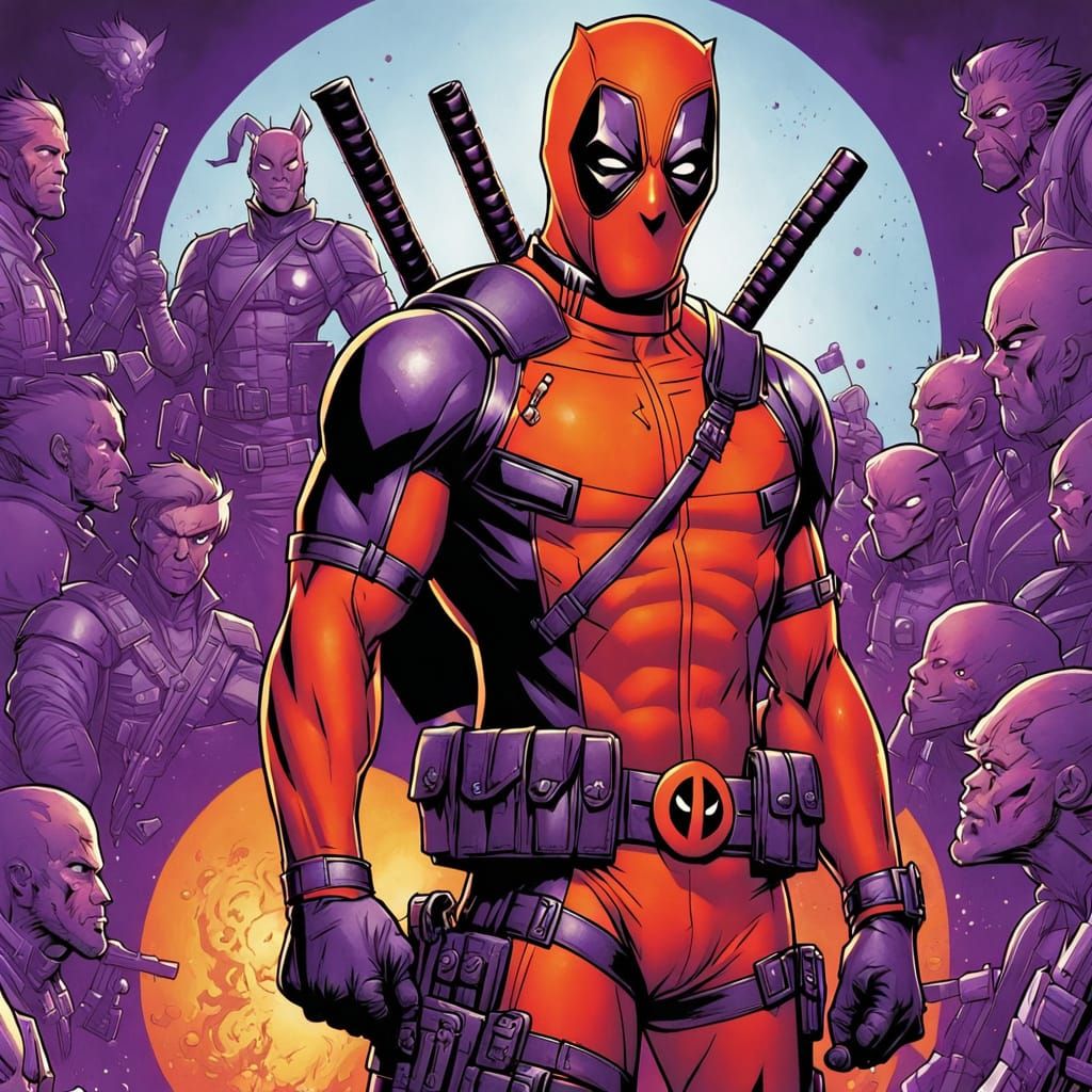 Deadpool in Purple and Orange Comic Art