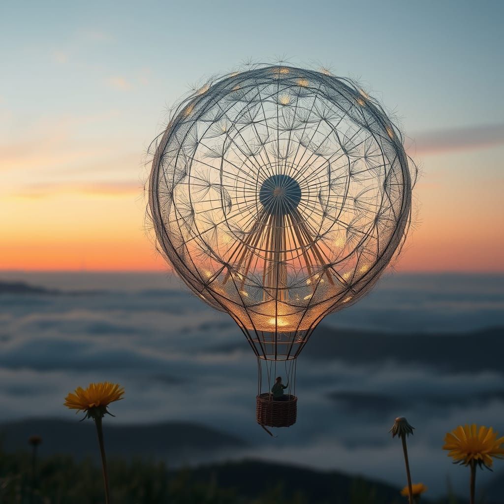 Ethereal Dandelion Hot Air Balloon in Bio-Art Style