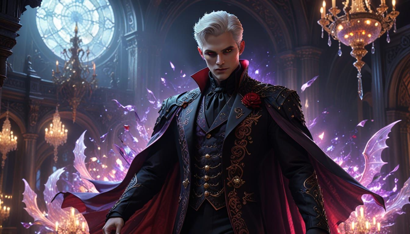 Elegant Vampire in Ballroom: Cel-Shaded 3D Art