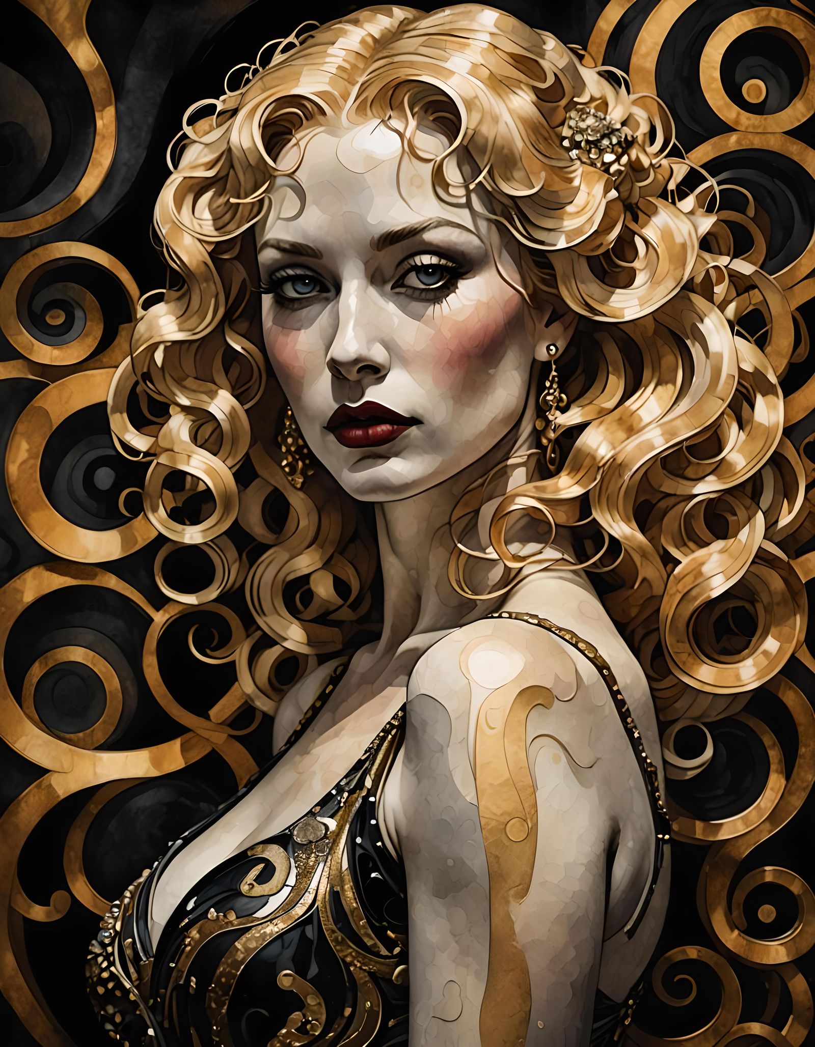 Noir Songstress in Klimt-Inspired Chiaroscuro