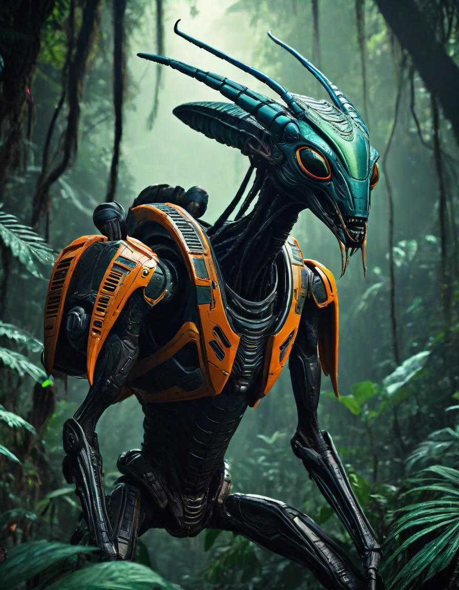 Armored Alien Mantid in Jungle: Sci-Fi Horror